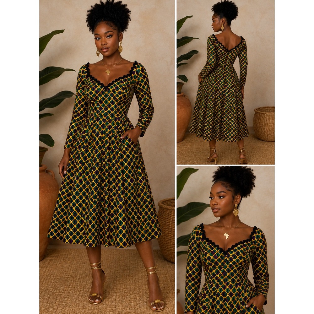 Handmade African Wax Print Dress Yellow Purple Geometric Lace Trim Fit Flare